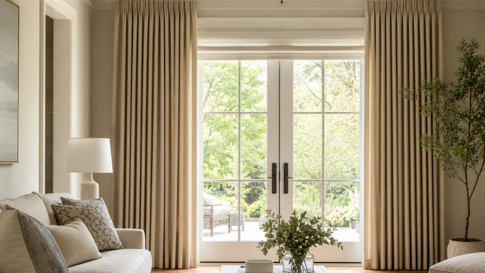 Soft neutral full-length curtains framing bright French doors in a calm living room