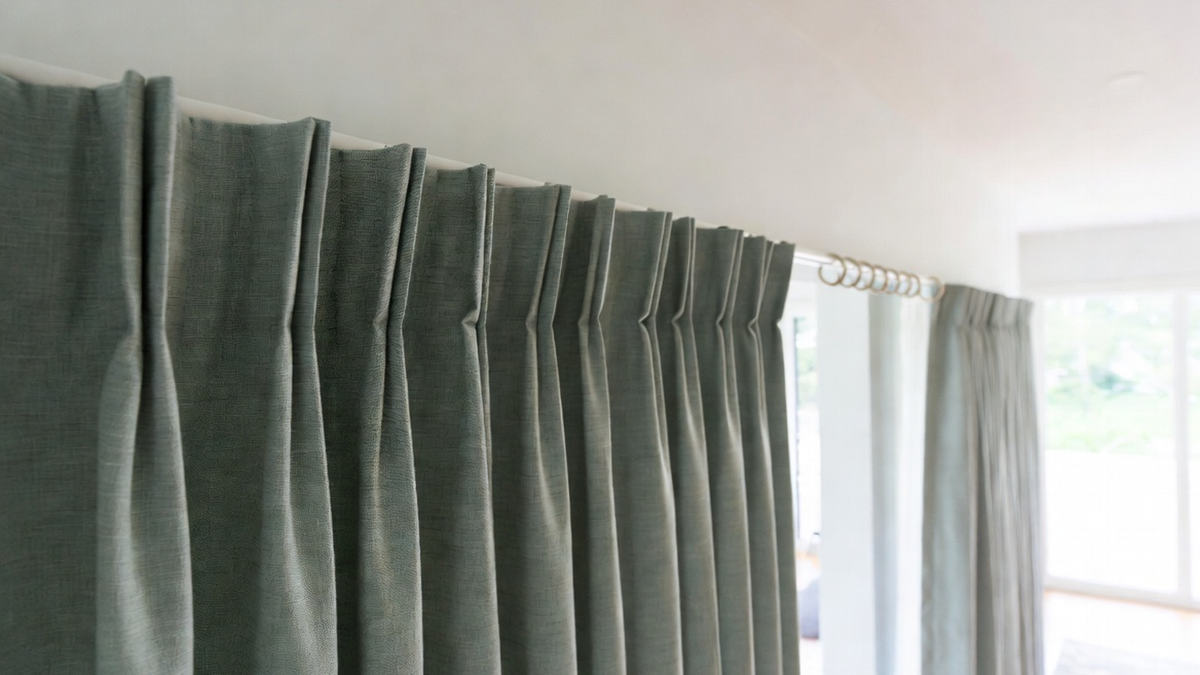Curtain heading hardware comparison showing pin hooks and S-hooks beside neatly hung drapes