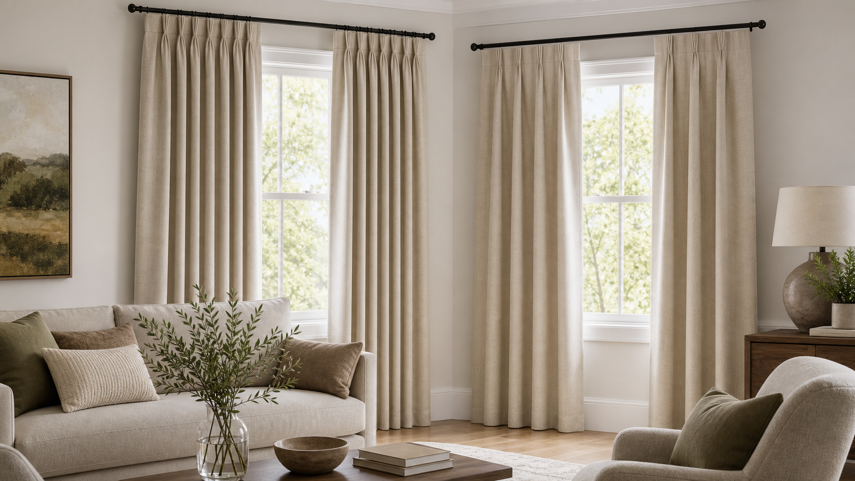 Living room with floor-length neutral curtains hanging just above the floor