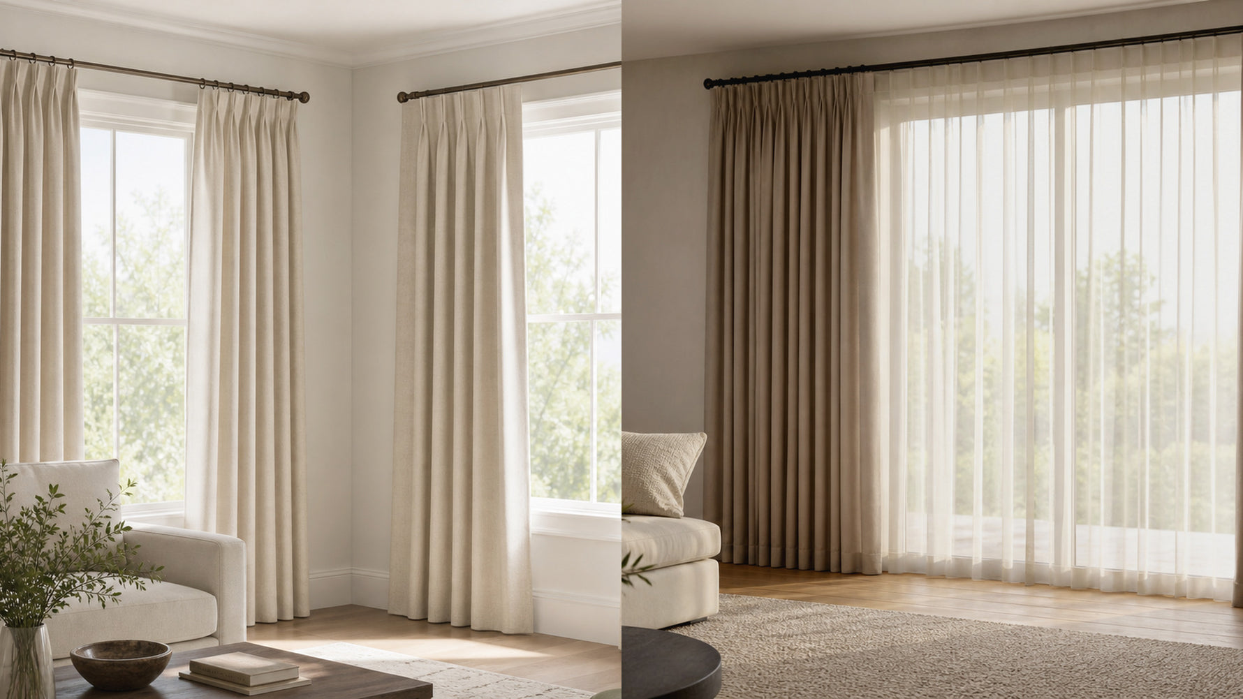 Comparison scene showing linen curtains and blackout curtains in modern rooms