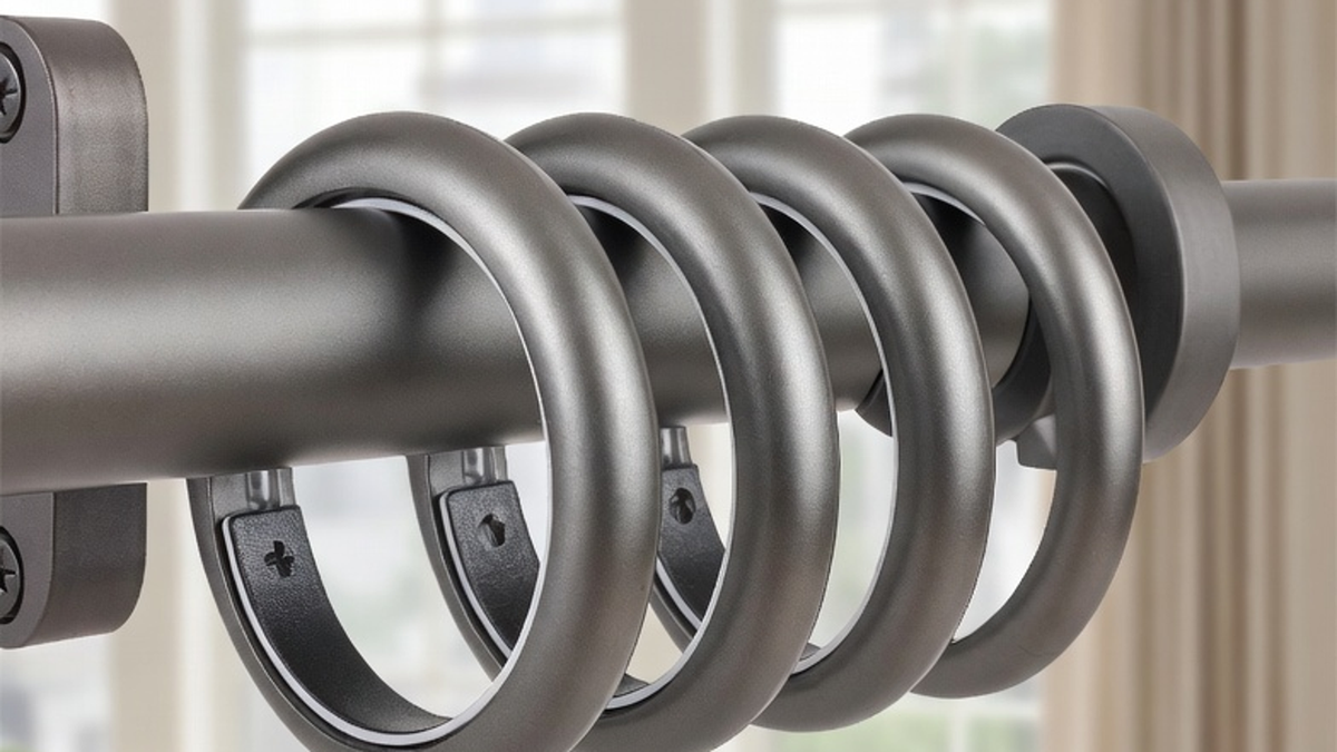 Curtain rings gliding smoothly on a metal rod in a bright room with neatly hung drapes