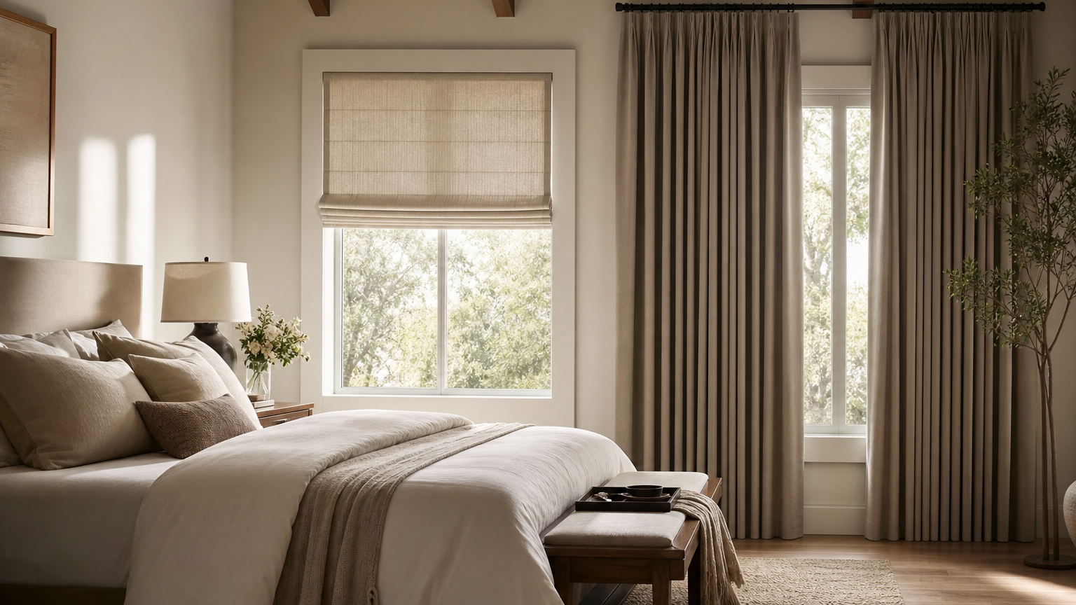 Calm bedroom window with tailored roman shade and soft neutral blackout curtains creating a sleep-friendly layered look