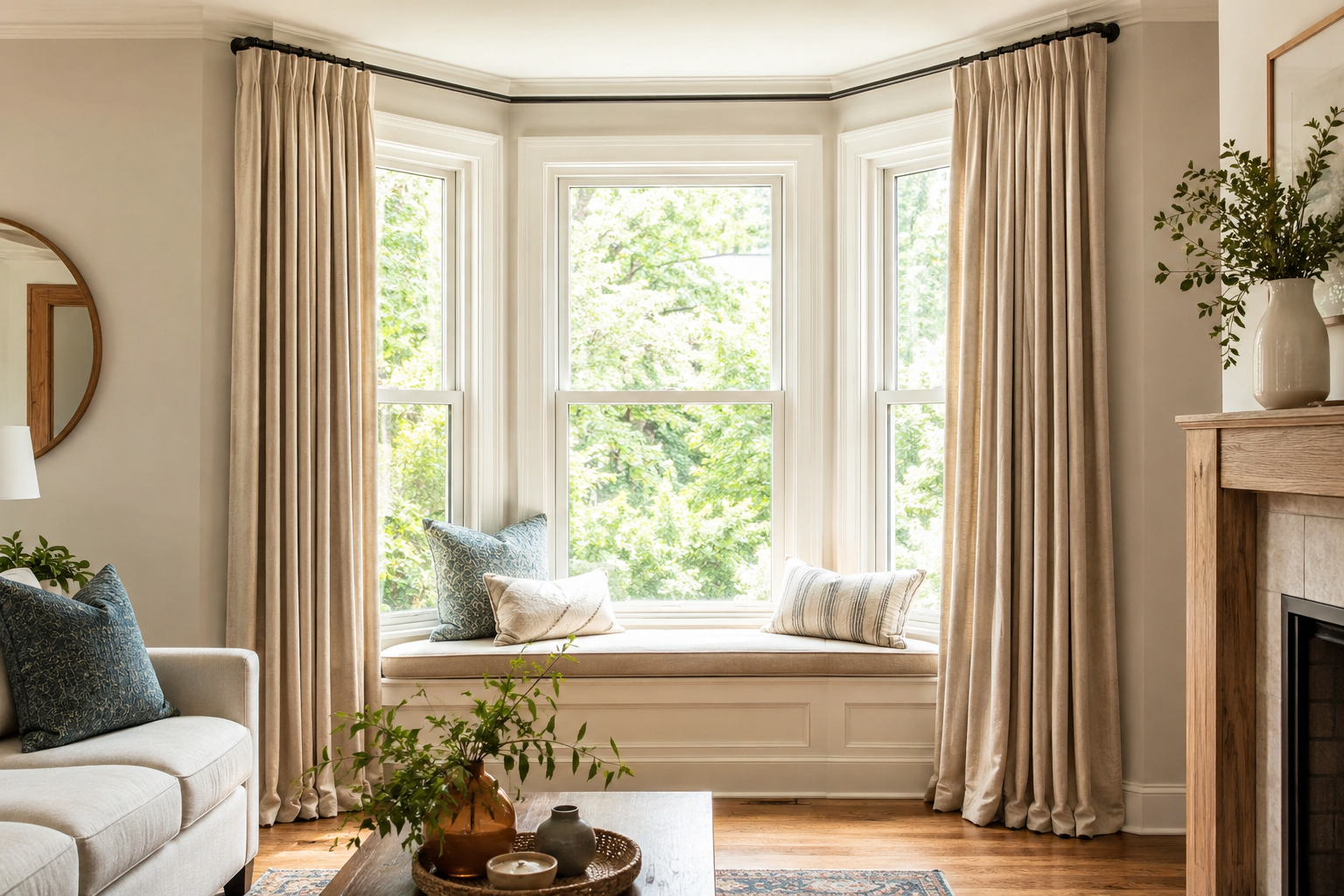Bright bay window seating area with full-length neutral curtains and soft natural light