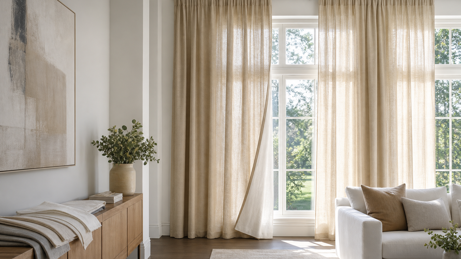 Bright living room with linen curtains, a fabric swatch stack, and a discreet lining detail on the panel edge