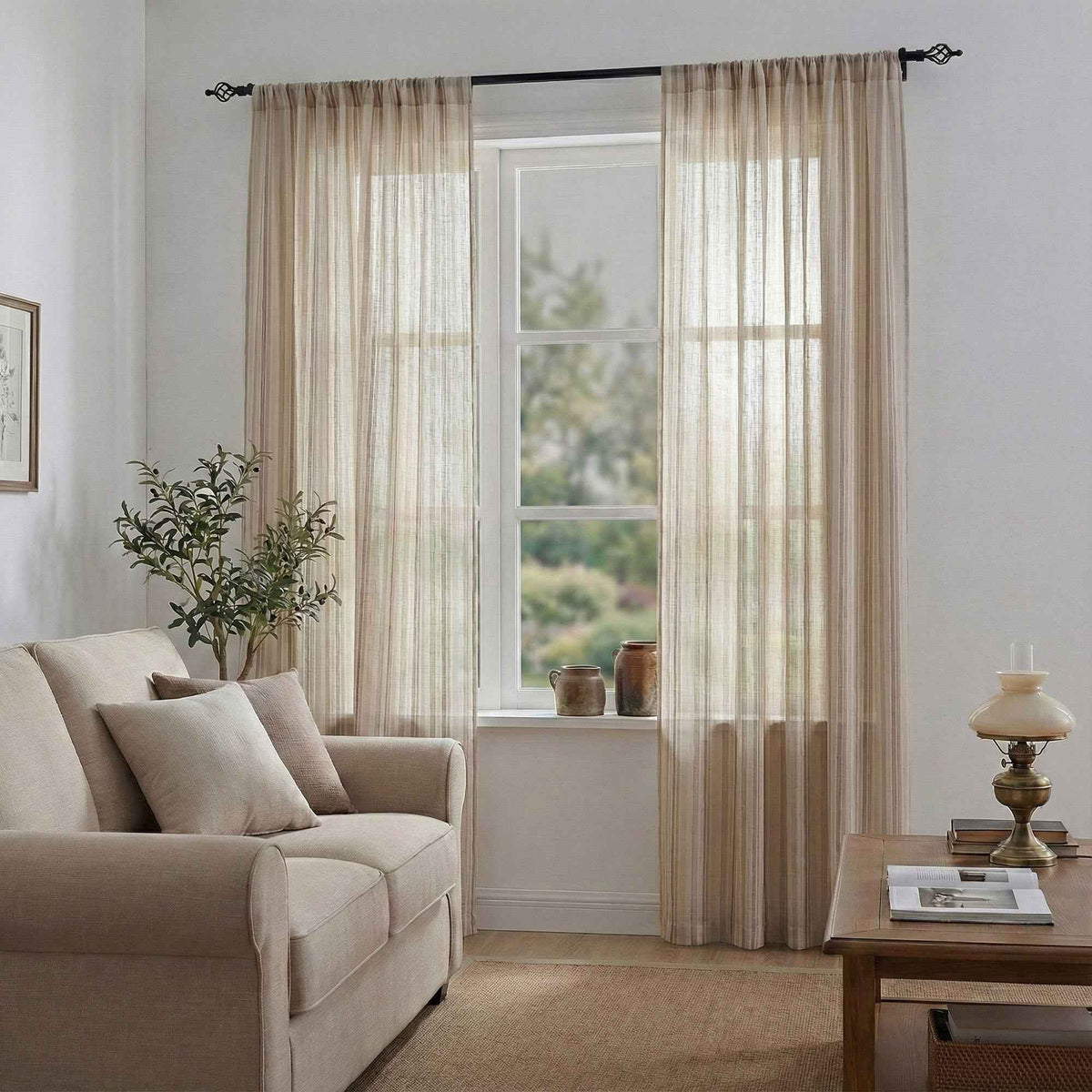 stripe Two-Tone Vertical Striped Linen Blend Curtains