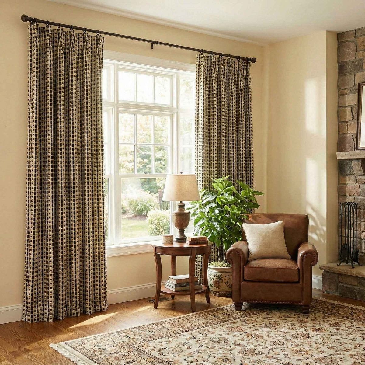 Checkered Linen Color-Blocked Waffle Chenille Curtains