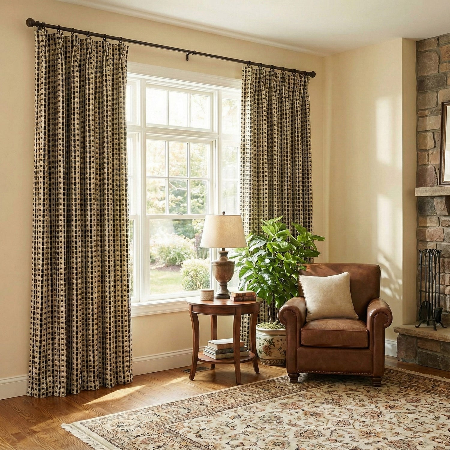 Checkered Linen Color-Blocked Waffle Chenille Curtains