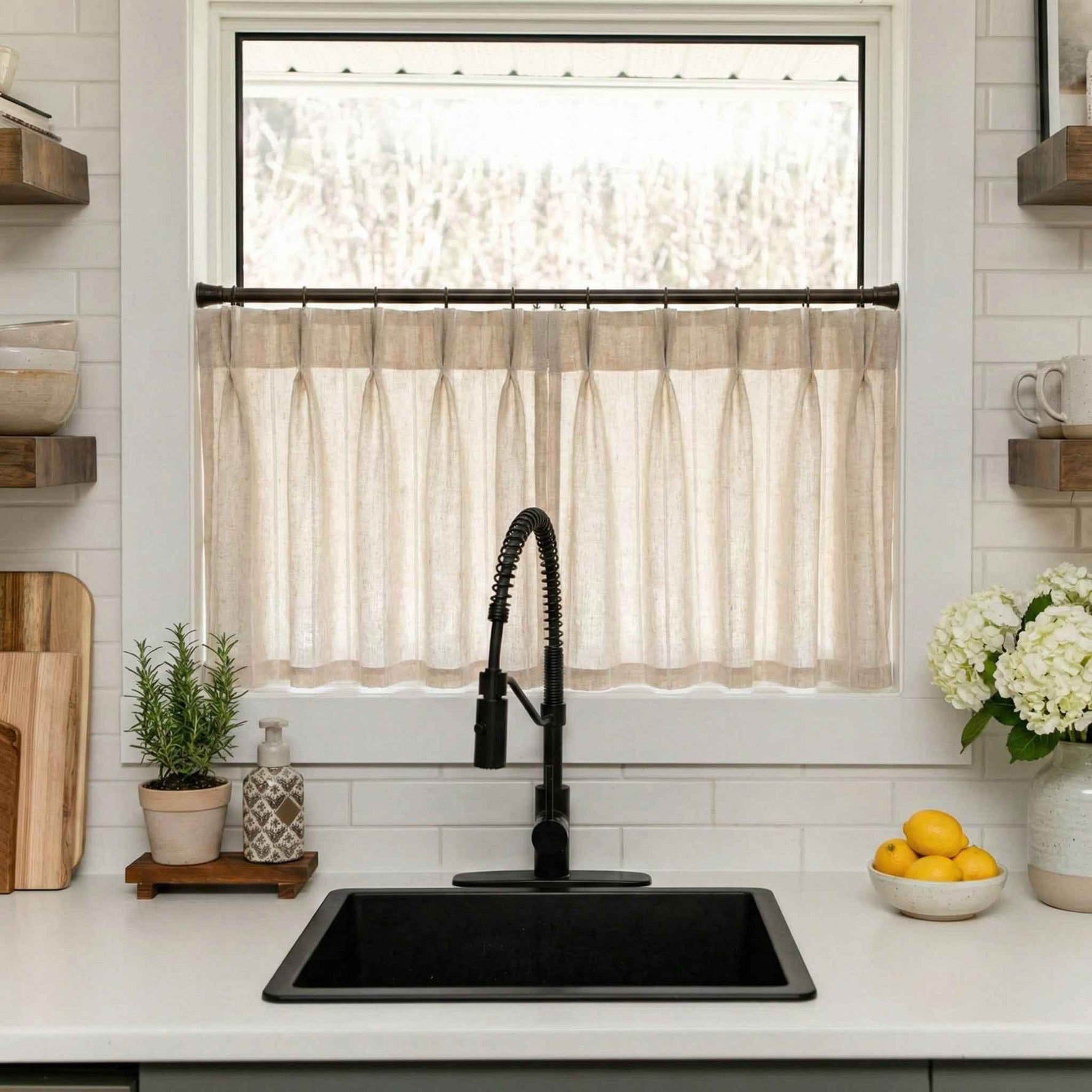 C-Query Light-Filtering Linen Textured Cafe Curtains