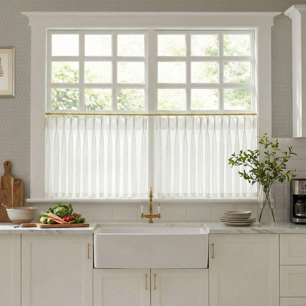 C-Hopsack White Sheer Vertical Stripe Cafe Curtains