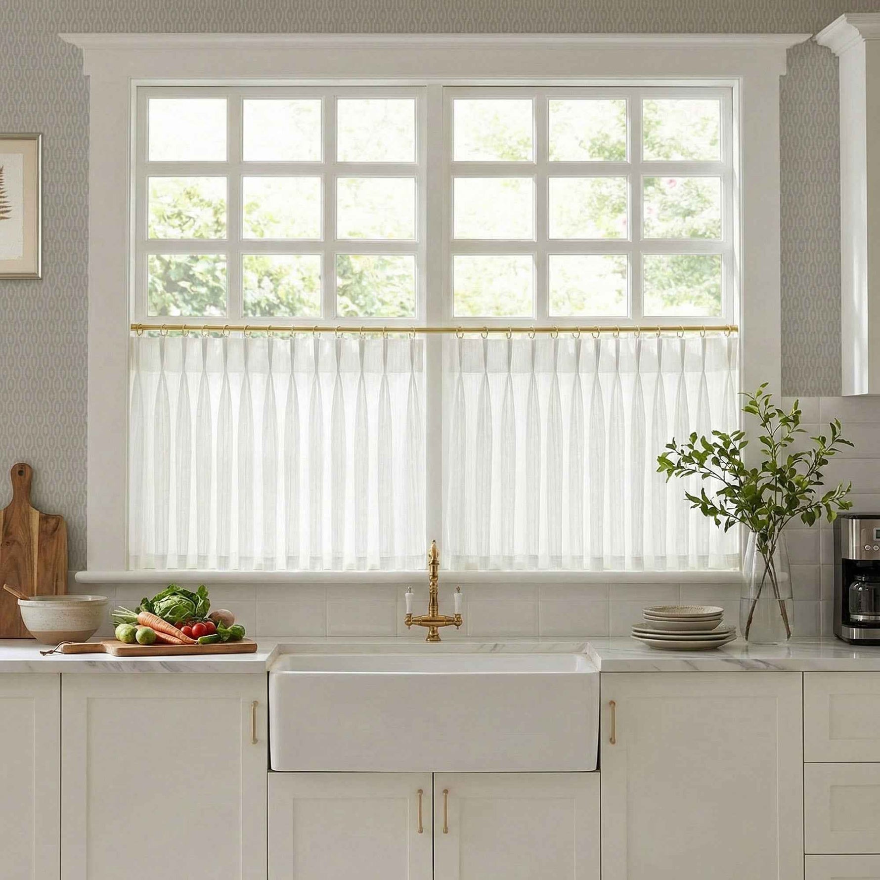 C-Hopsack White Sheer Vertical Stripe Cafe Curtains