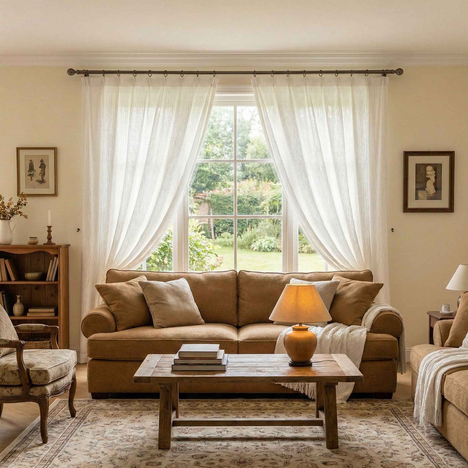 Line white plush-feel semi-sheer curtains