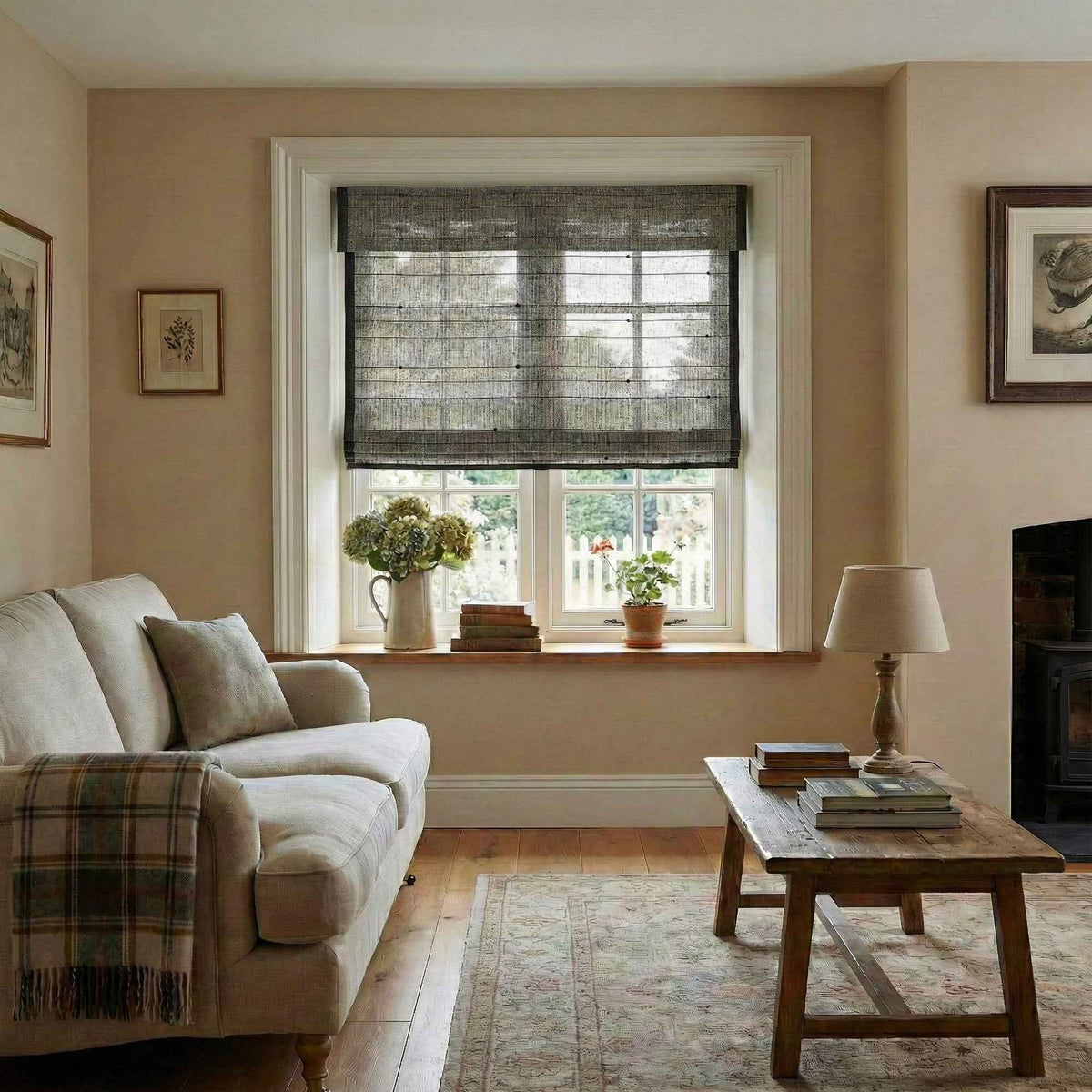 L-Lknot Cordless Charcoal Ramie Roman Shades - Main View | JOYDRAPE Bespoke Luxury