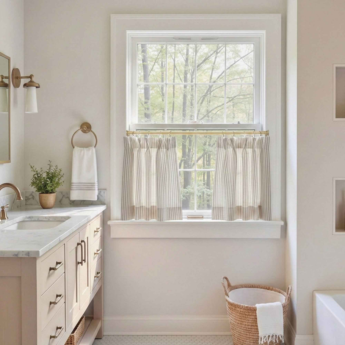 C-Uniform Vertical Striped Semi-Sheer Cafe Curtains