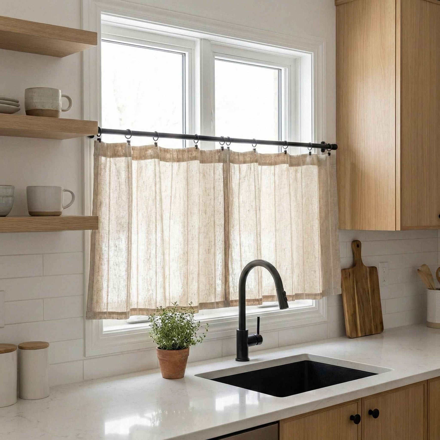 C-Query Light-Filtering Linen Textured Cafe Curtains