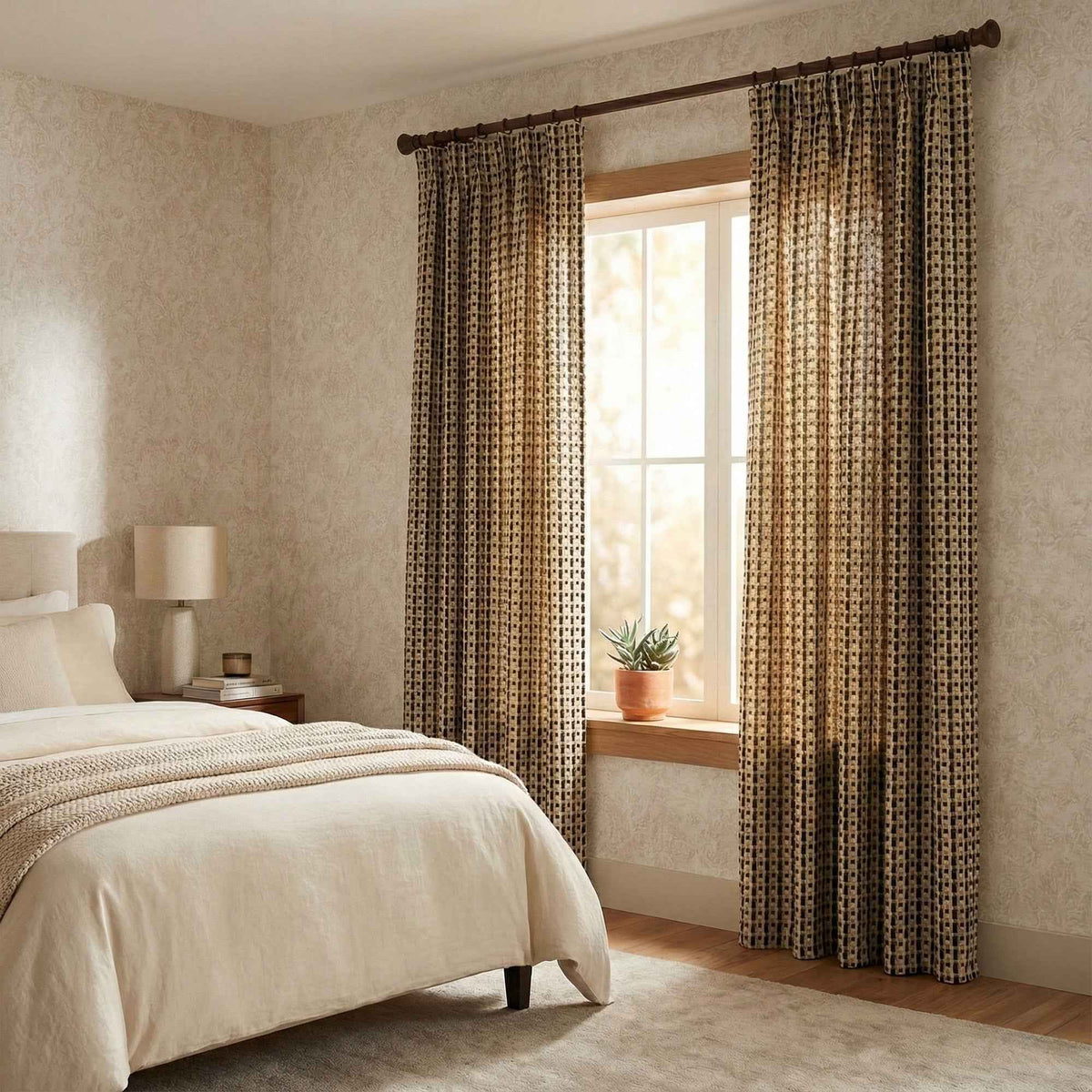 Checkered Linen Color-Blocked Waffle Chenille Curtains