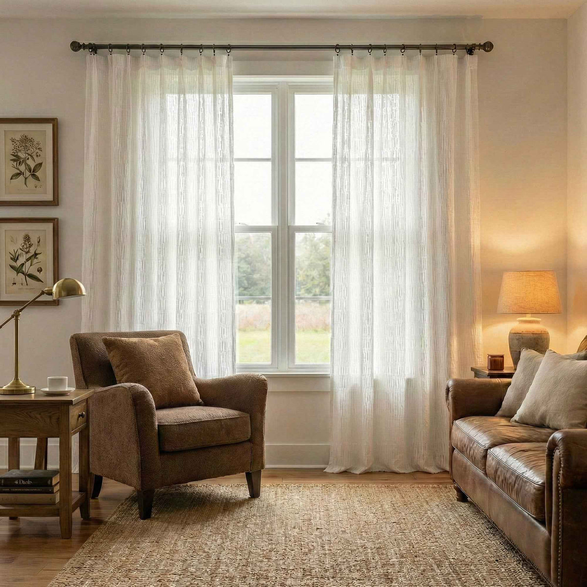 Line white plush-feel semi-sheer curtains
