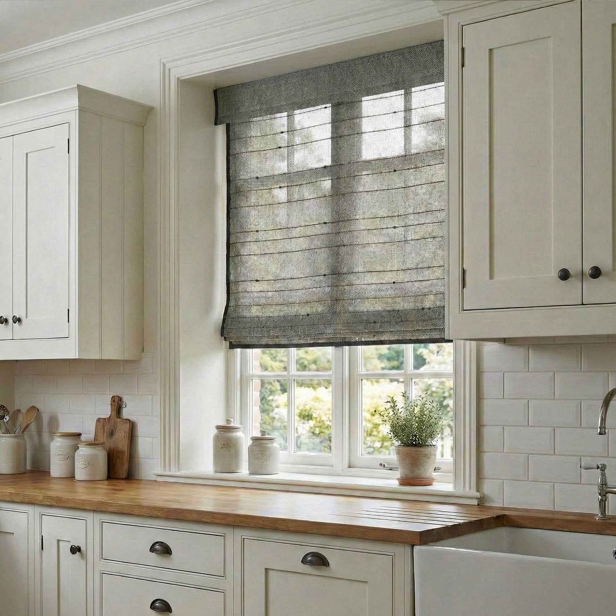L-Lknot Cordless Charcoal Ramie Roman Shades - Detail View 2 | JOYDRAPE Bespoke Luxury