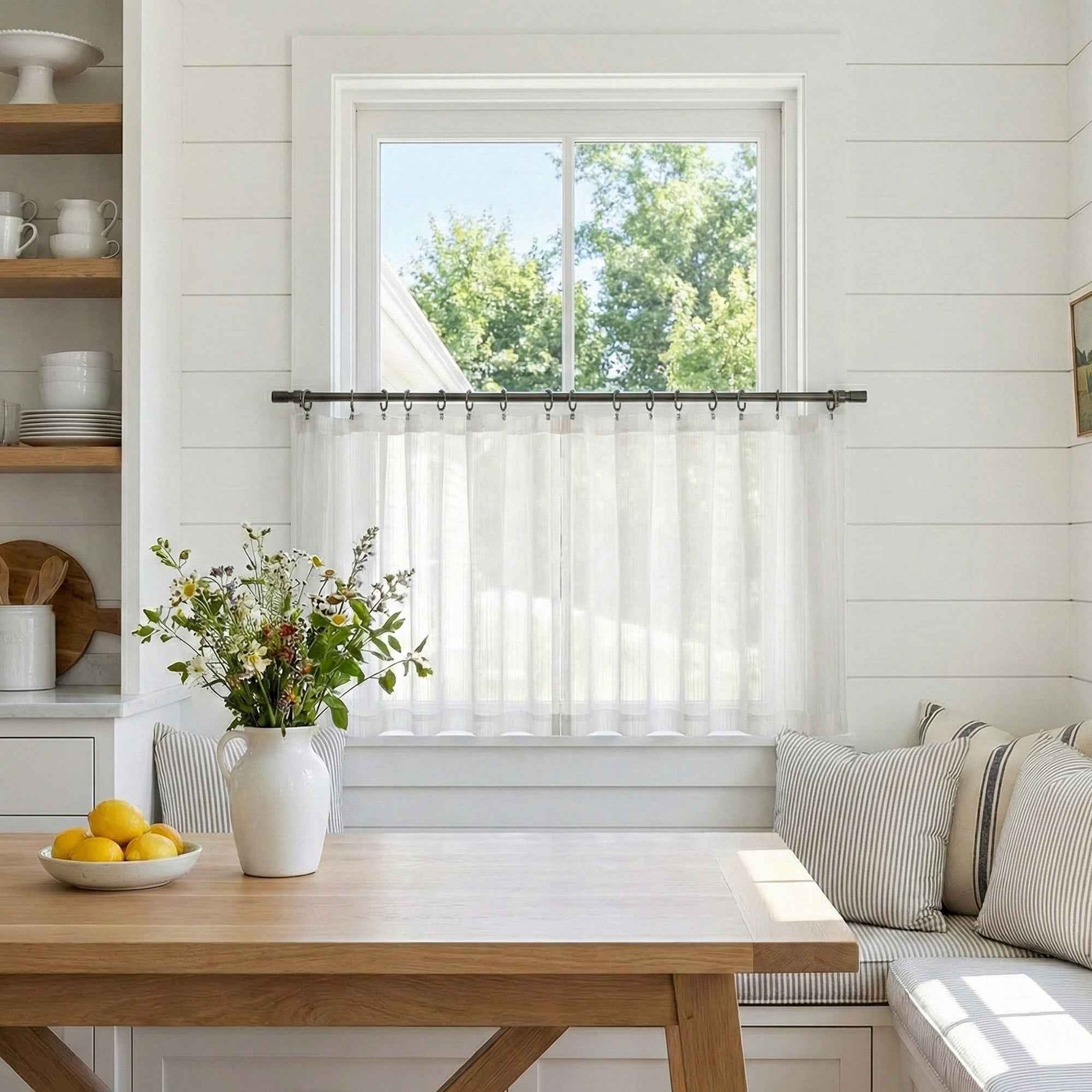 C-Hopsack White Sheer Vertical Stripe Cafe Curtains