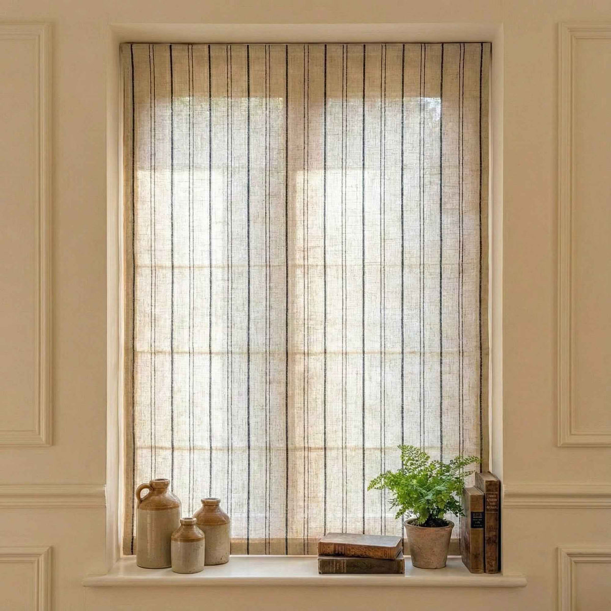 L-Bluestrip Cordless Striped Linen Blend Roman Shade - Detail View 9 | JOYDRAPE Bespoke Luxury