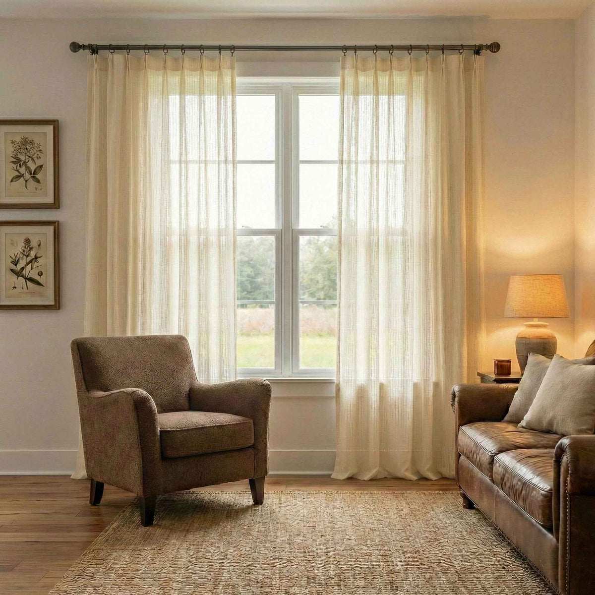 Line white plush-feel semi-sheer curtains