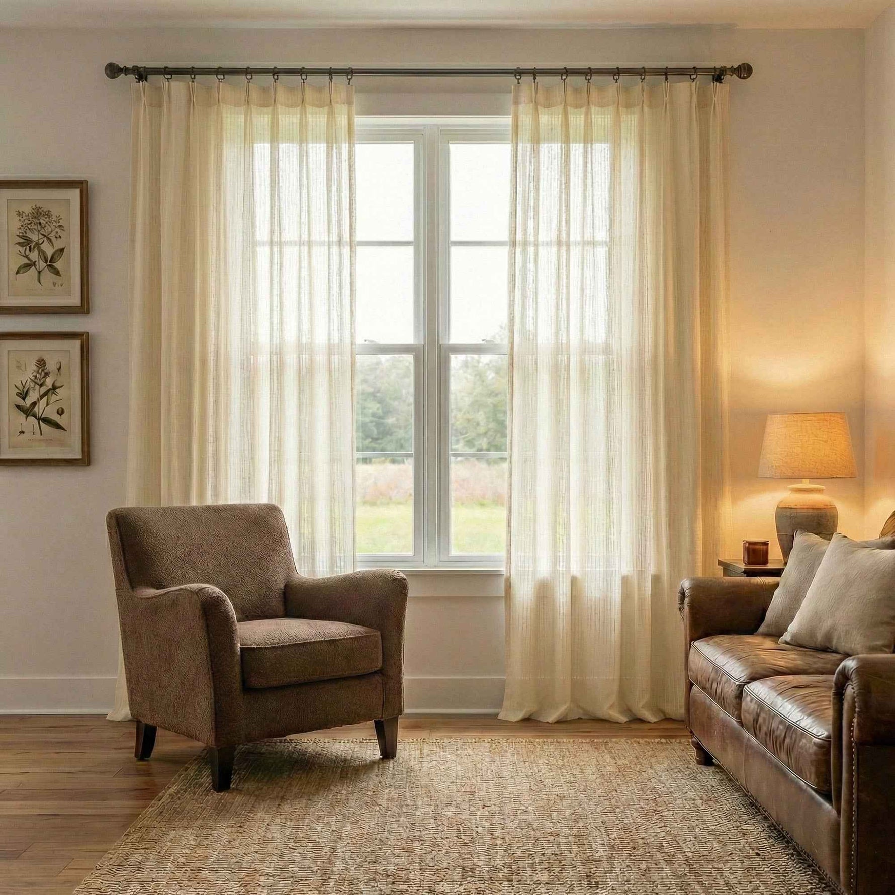 Line white plush-feel semi-sheer curtains