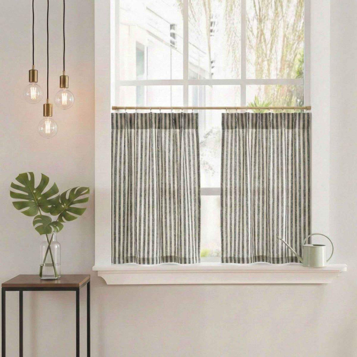 C-Uniform Vertical Striped Semi-Sheer Cafe Curtains