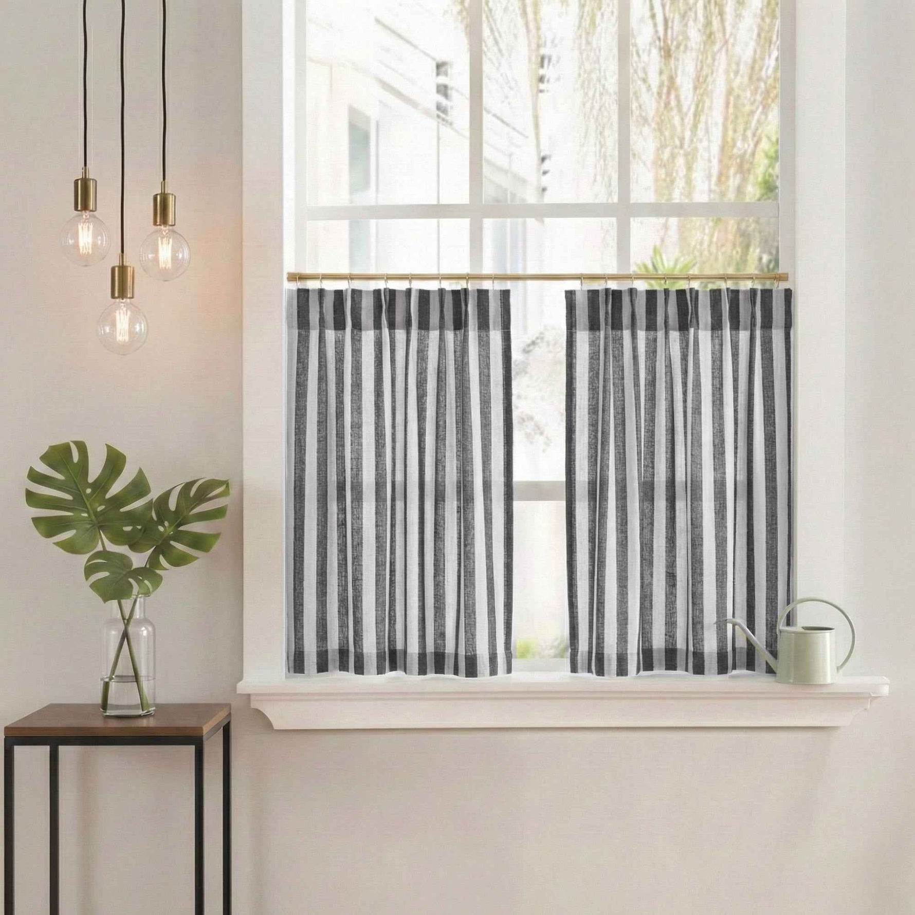 C-Uniform Vertical Striped Semi-Sheer Cafe Curtains