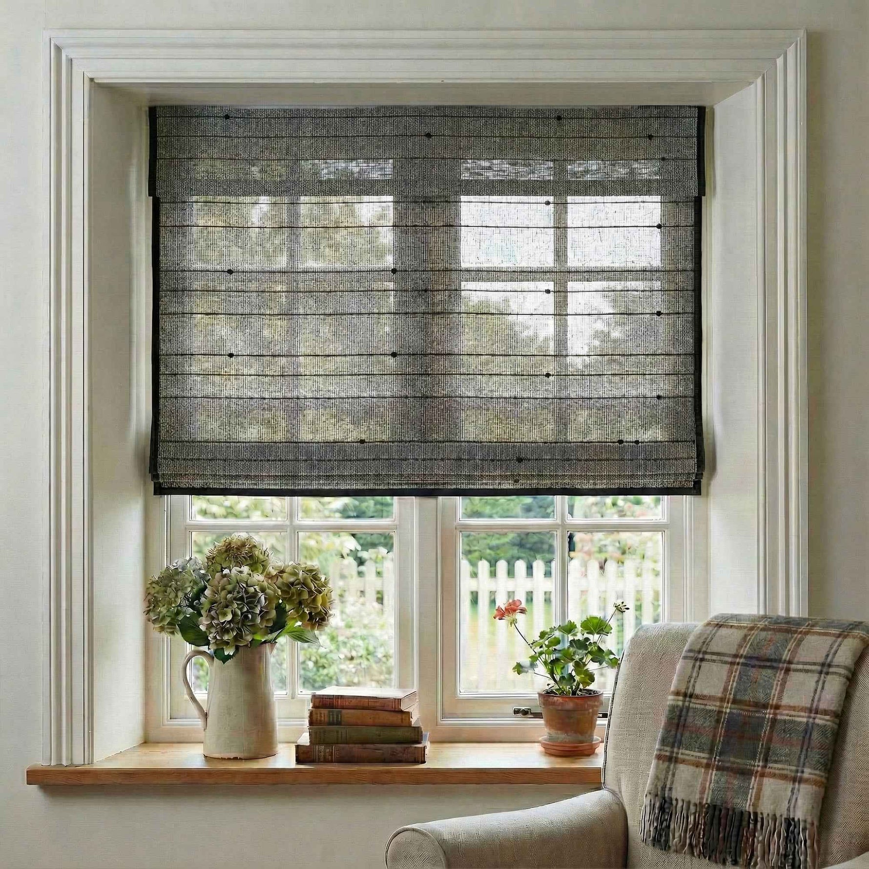 L-Lknot Cordless Charcoal Ramie Roman Shades - Detail View 4 | JOYDRAPE Bespoke Luxury