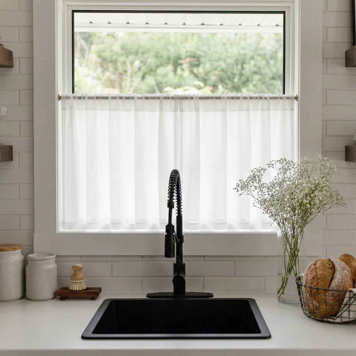 C-Hopsack White Sheer Vertical Stripe Cafe Curtains