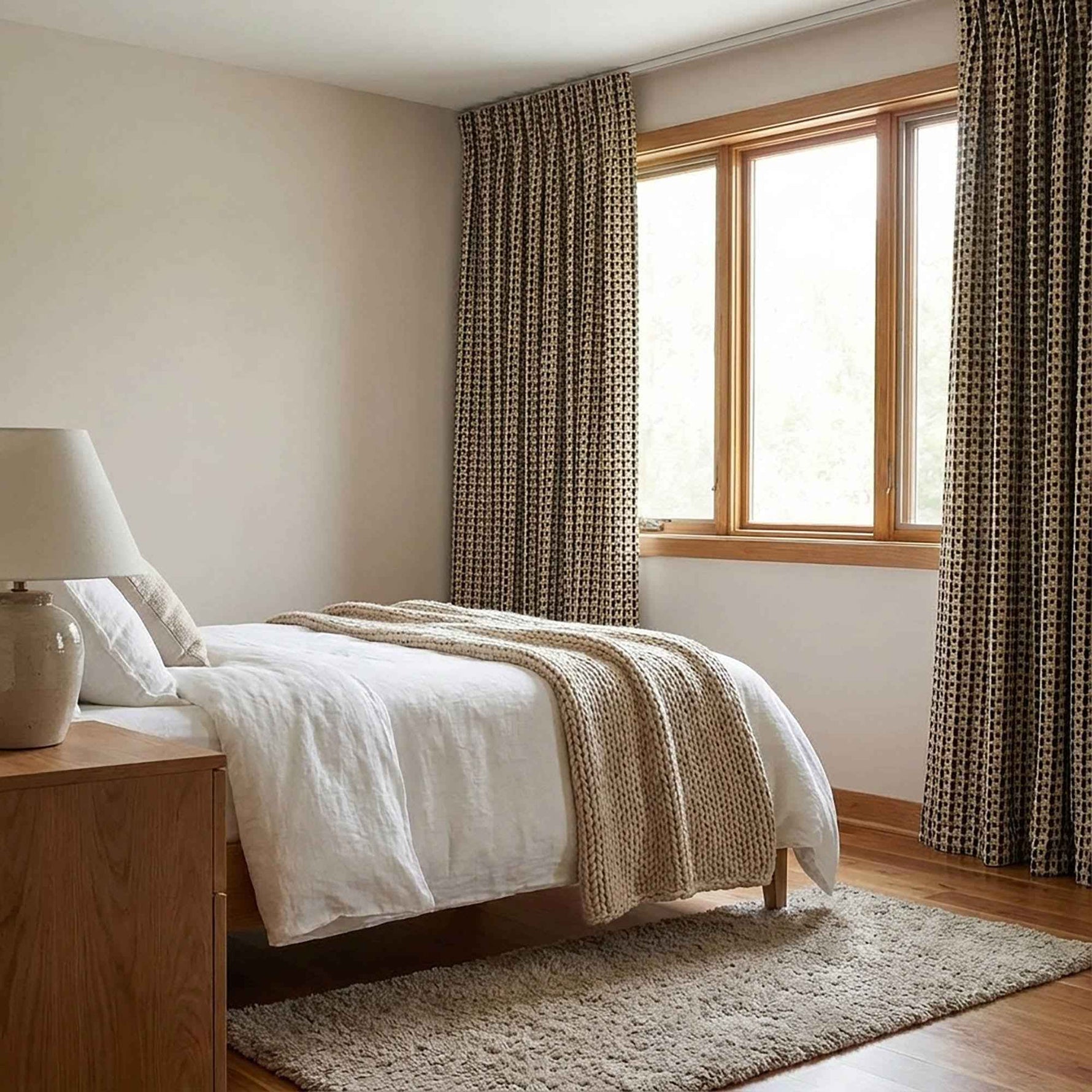 Checkered Linen Color-Blocked Waffle Chenille Curtains