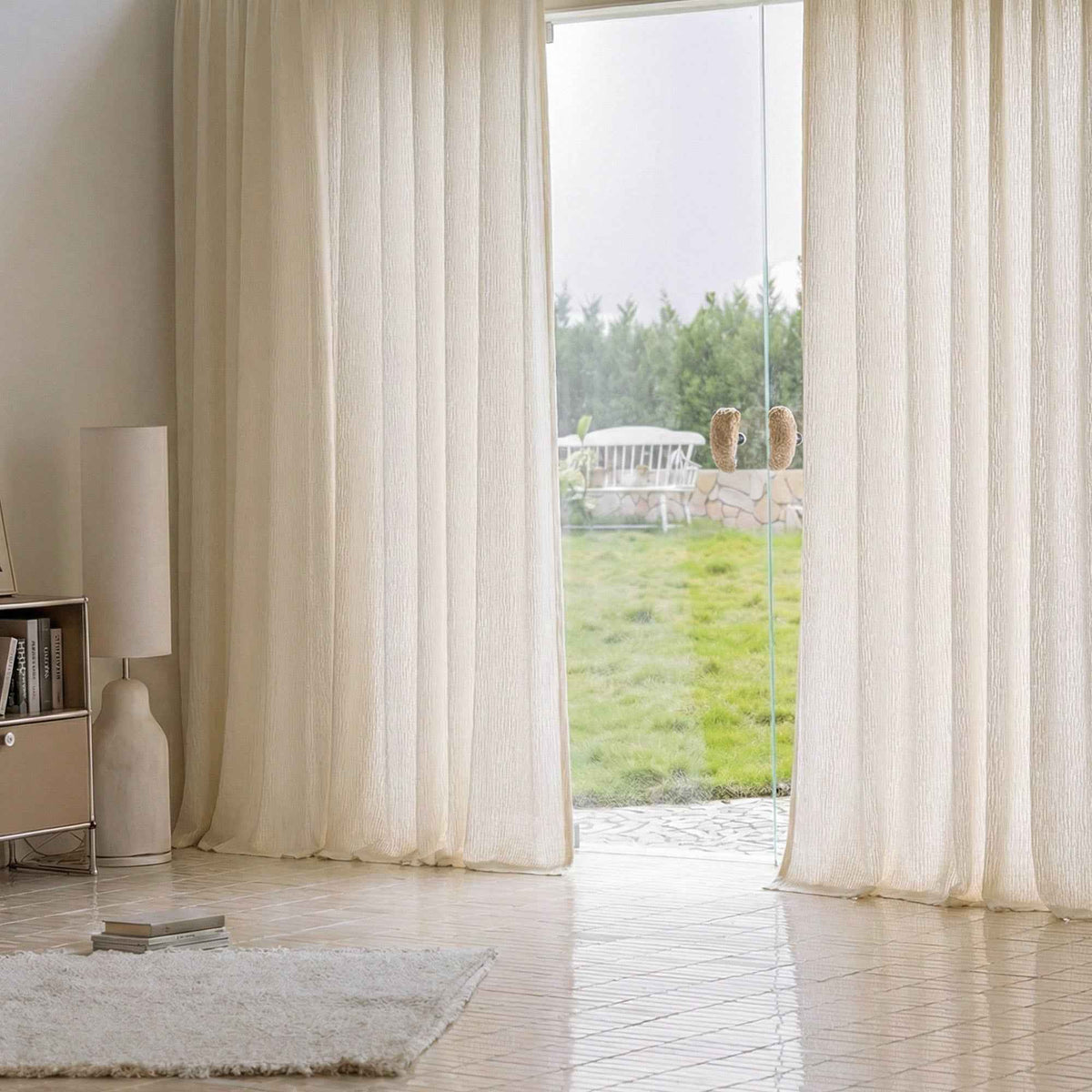 Line white plush-feel semi-sheer curtains