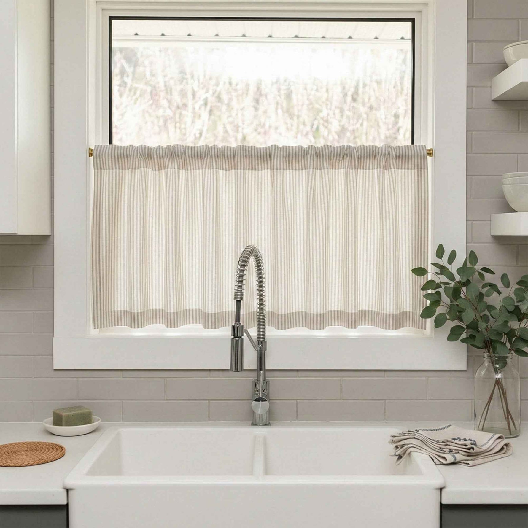 C-Uniform Vertical Striped Semi-Sheer Cafe Curtains