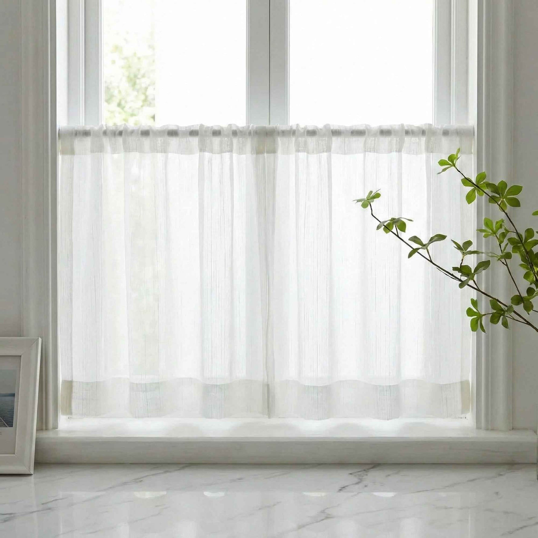 C-Hopsack White Sheer Vertical Stripe Cafe Curtains
