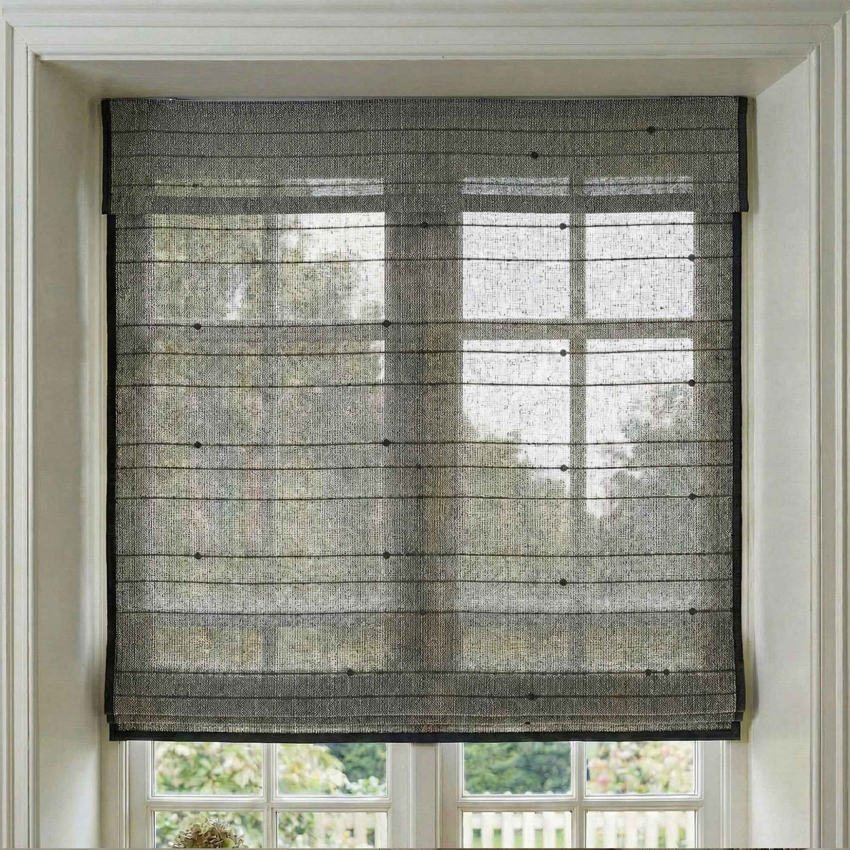 L-Lknot Cordless Charcoal Ramie Roman Shades - Detail View 5 | JOYDRAPE Bespoke Luxury