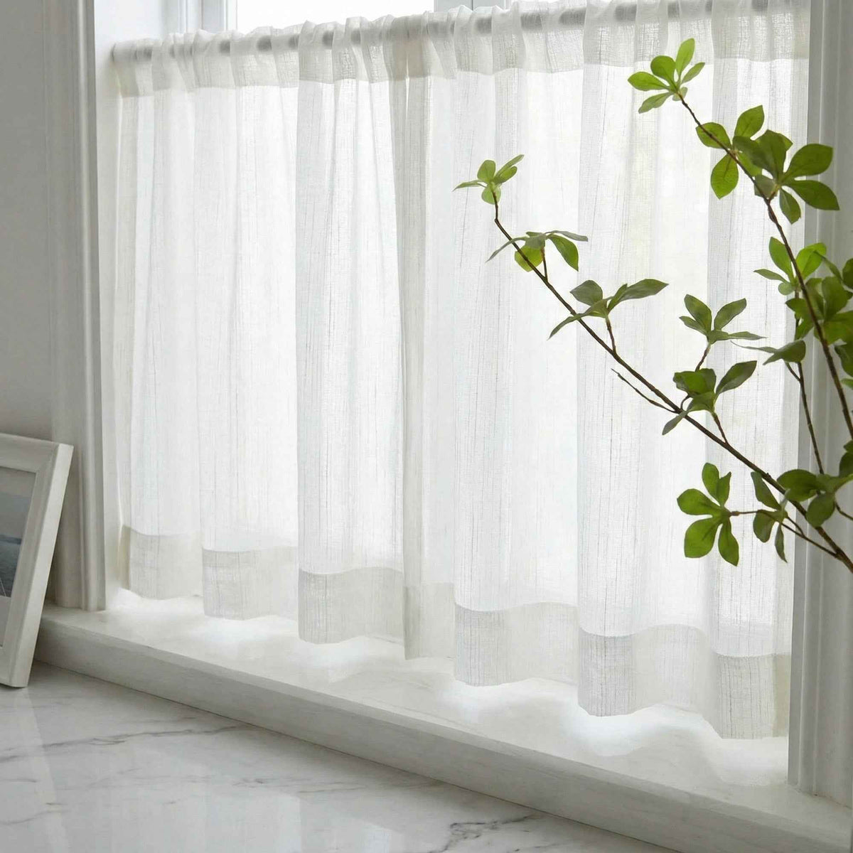 C-Hopsack White Sheer Vertical Stripe Cafe Curtains