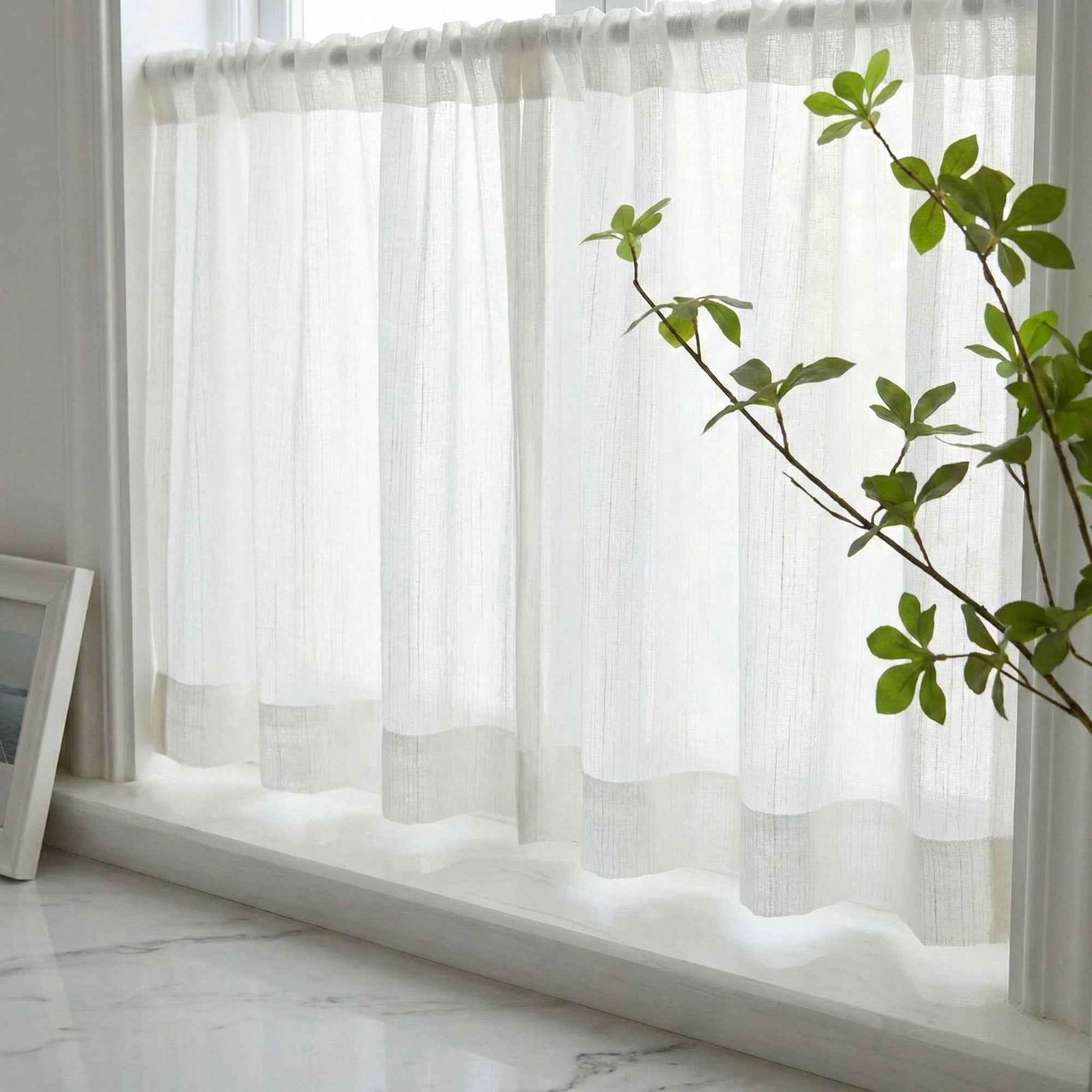 C-Hopsack White Sheer Vertical Stripe Cafe Curtains