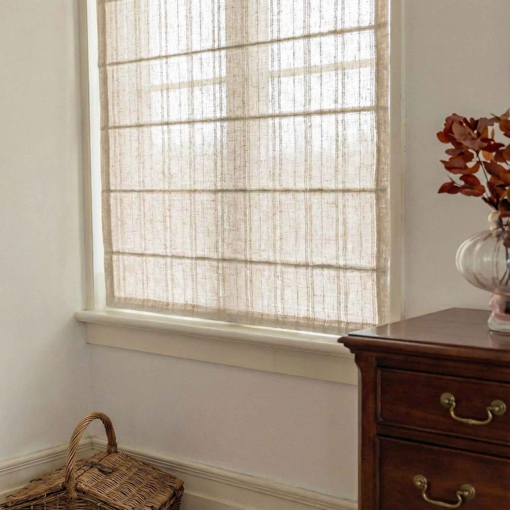 L-Linetrie Cordless Striped Sheer Linen Roman Shades - Detail View 6 | JOYDRAPE Bespoke Luxury
