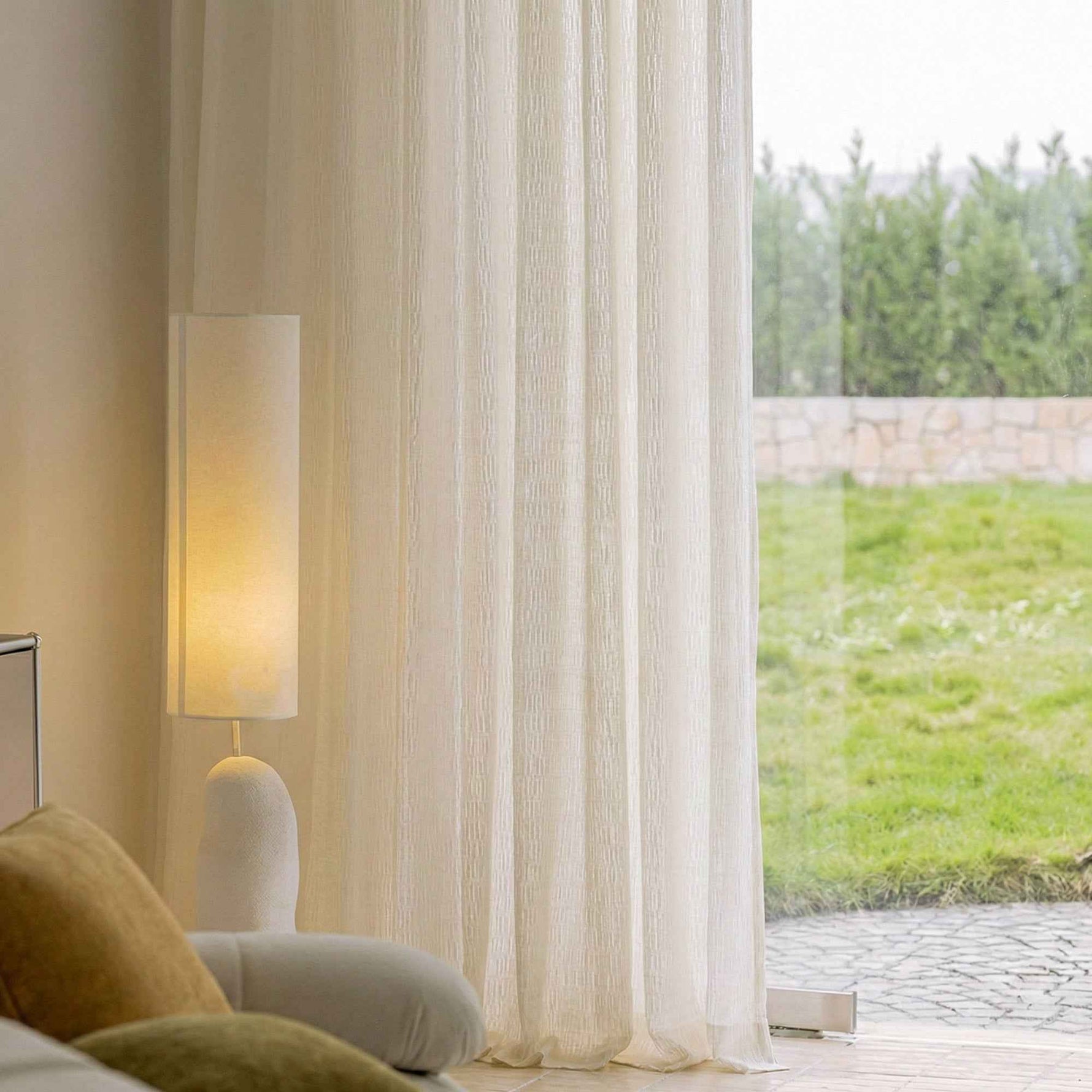 Line white plush-feel semi-sheer curtains