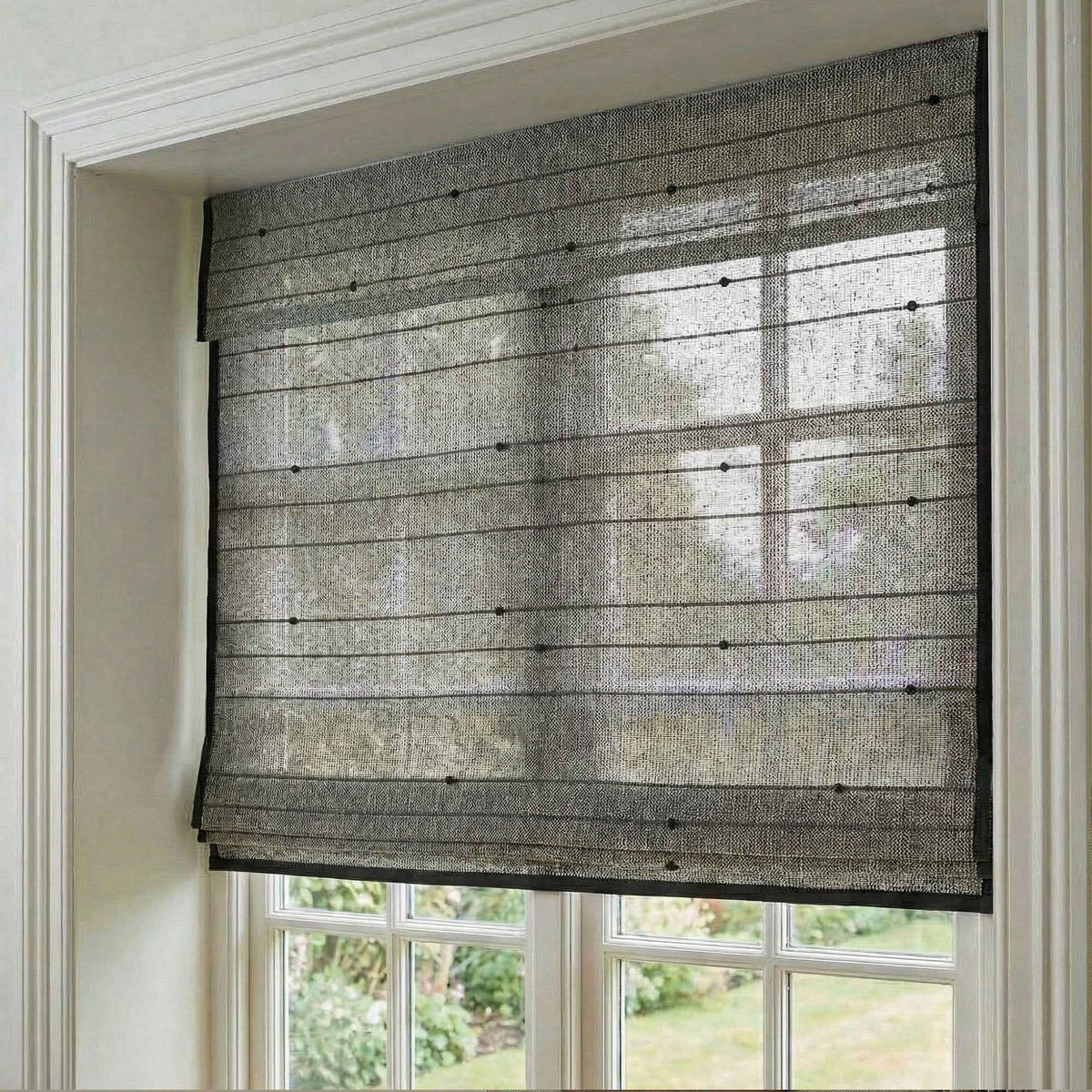 L-Lknot Cordless Charcoal Ramie Roman Shades - Detail View 6 | JOYDRAPE Bespoke Luxury