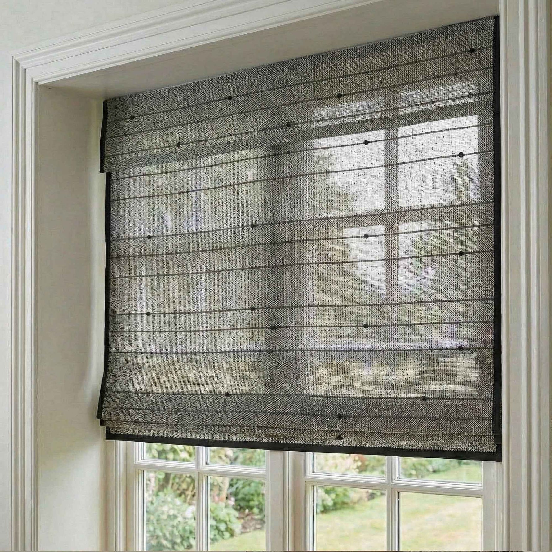 L-Lknot Cordless Charcoal Ramie Roman Shades - Detail View 6 | JOYDRAPE Bespoke Luxury