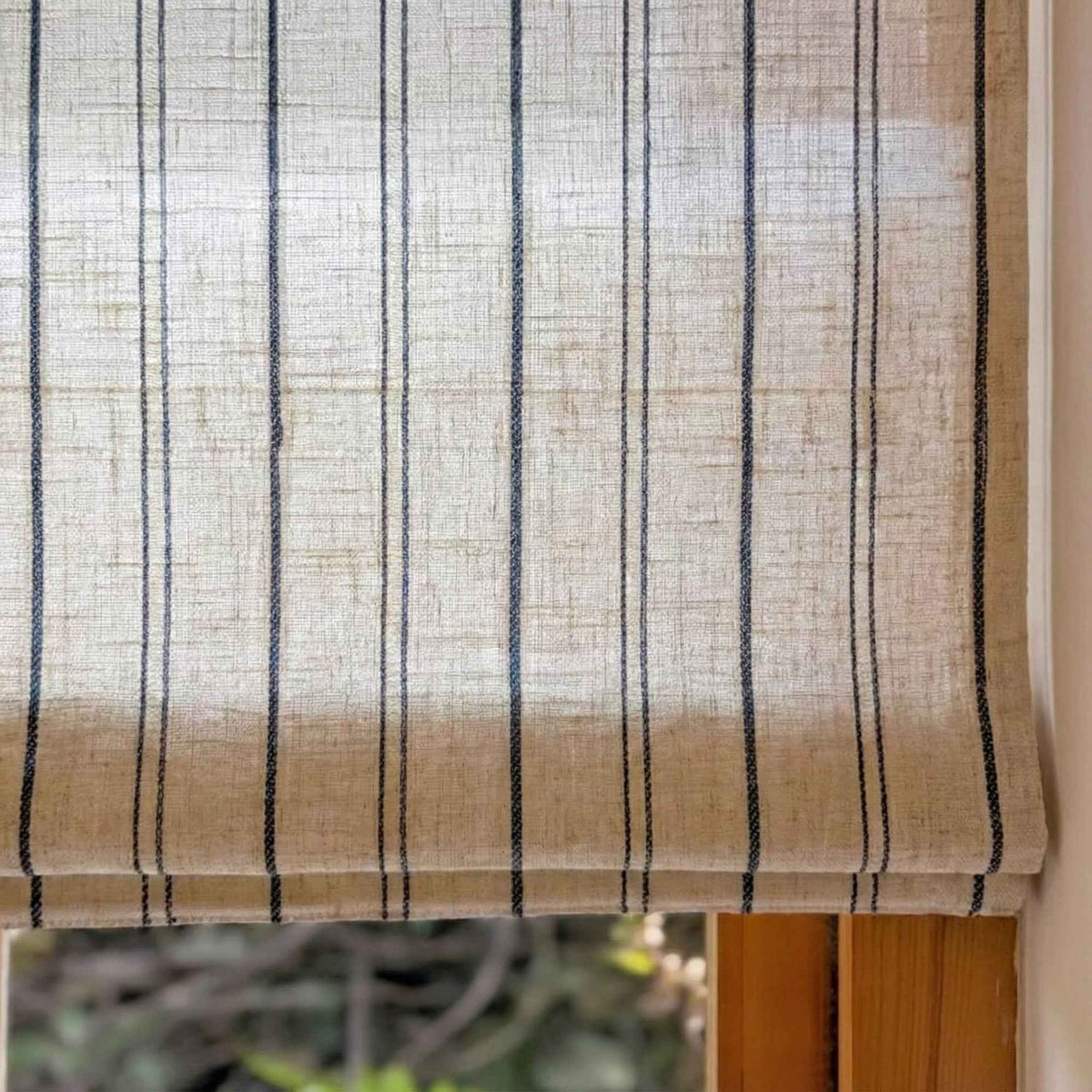L-Bluestrip Cordless Striped Linen Blend Roman Shade - Detail View 6 | JOYDRAPE Bespoke Luxury