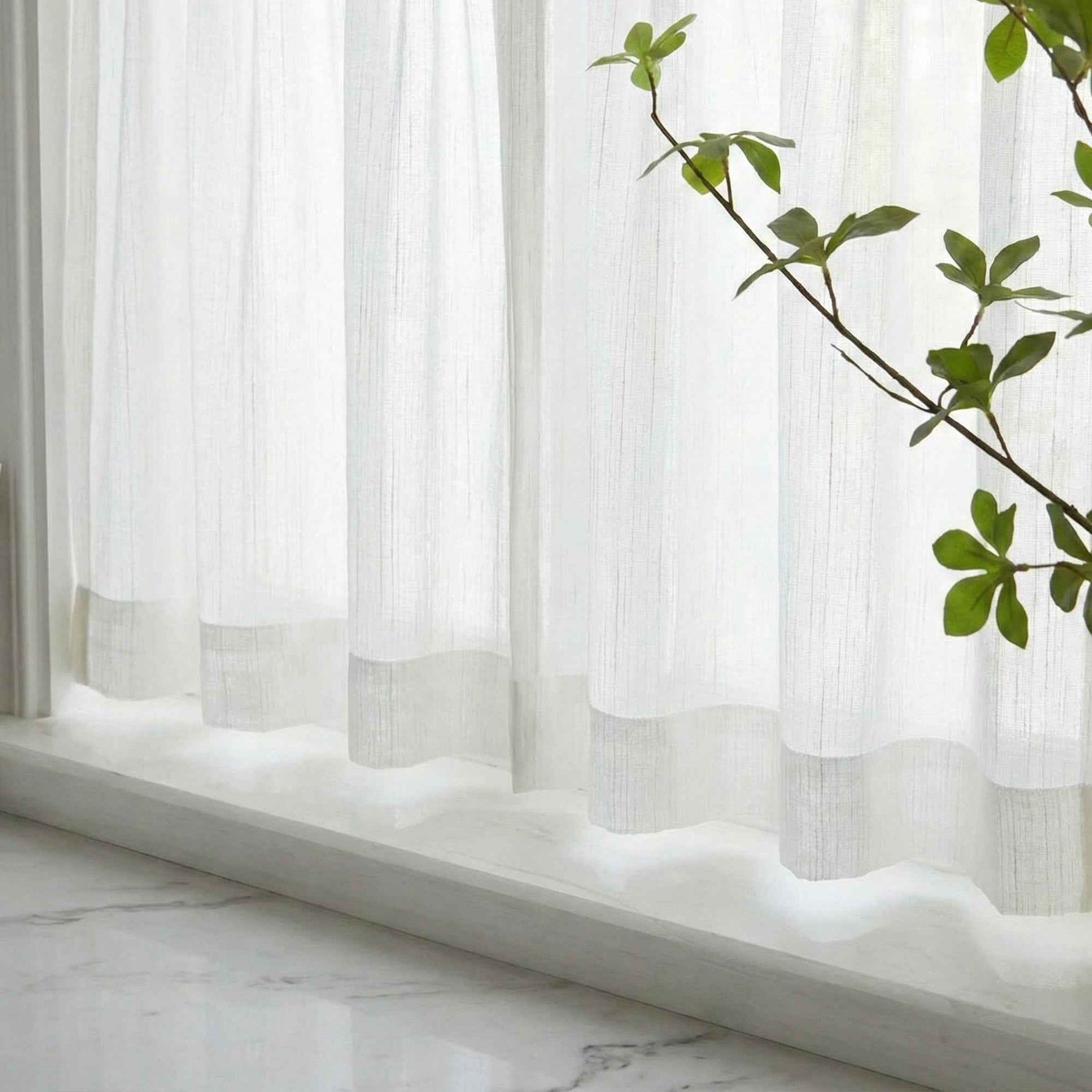 C-Hopsack White Sheer Vertical Stripe Cafe Curtains