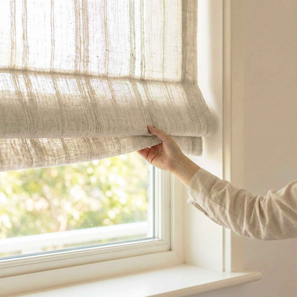 L-Linetrie Cordless Striped Sheer Linen Roman Shades - Detail View 7 | JOYDRAPE Bespoke Luxury