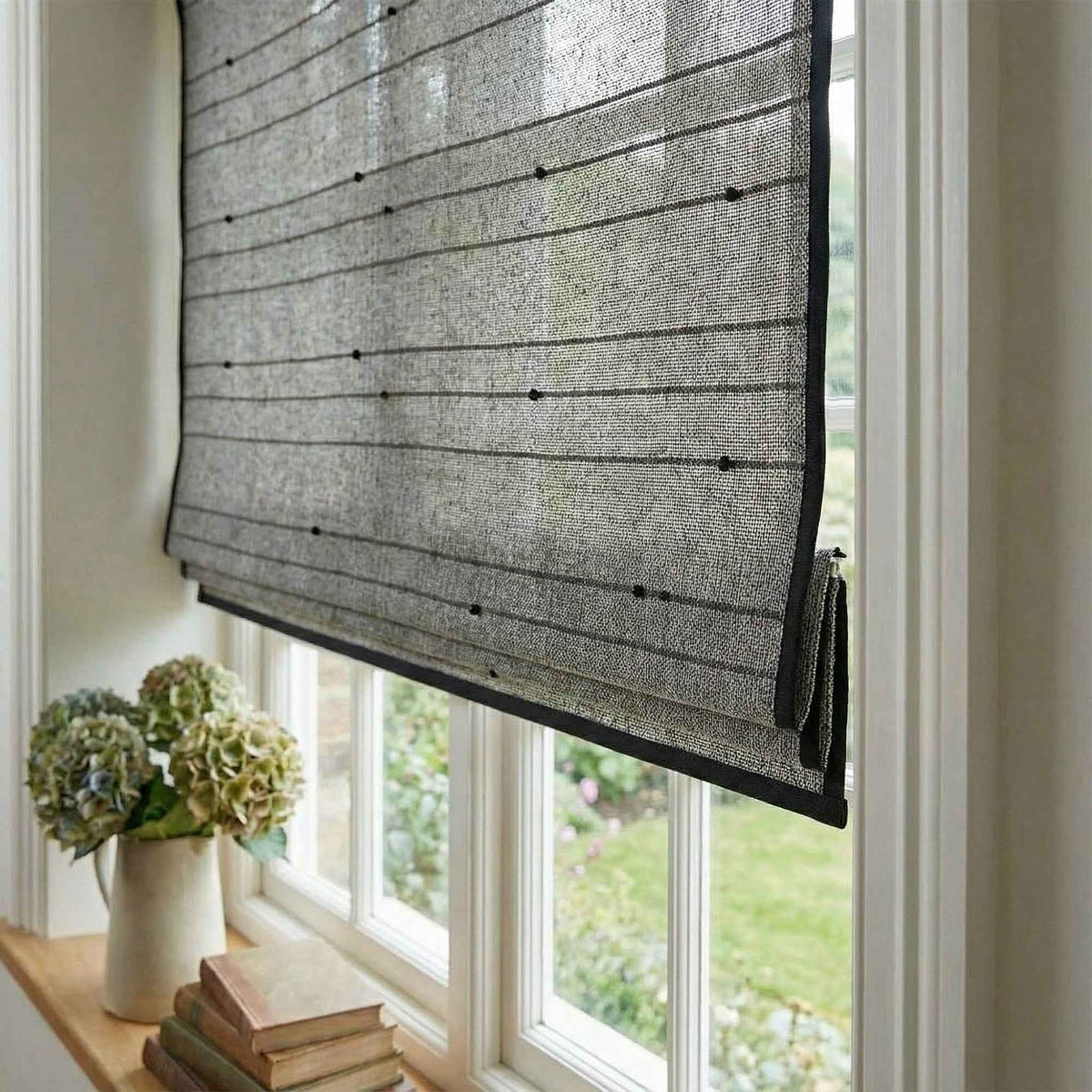 L-Lknot Cordless Charcoal Ramie Roman Shades - Detail View 8 | JOYDRAPE Bespoke Luxury