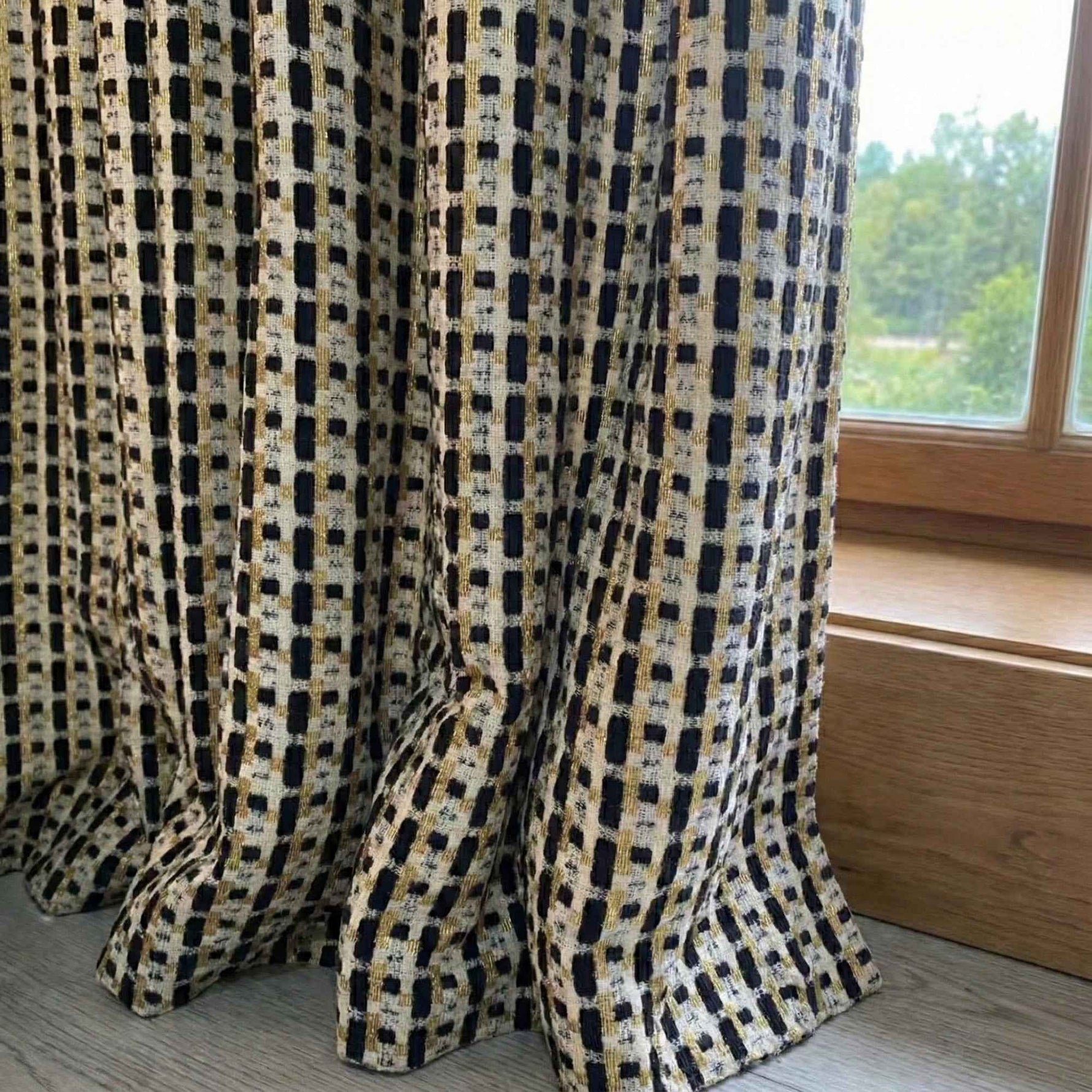 Checkered Linen Color-Blocked Waffle Chenille Curtains