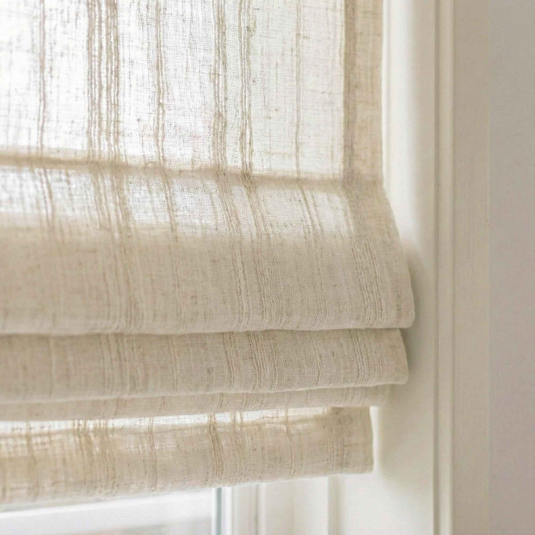L-Linetrie Cordless Striped Sheer Linen Roman Shades - Detail View 8 | JOYDRAPE Bespoke Luxury