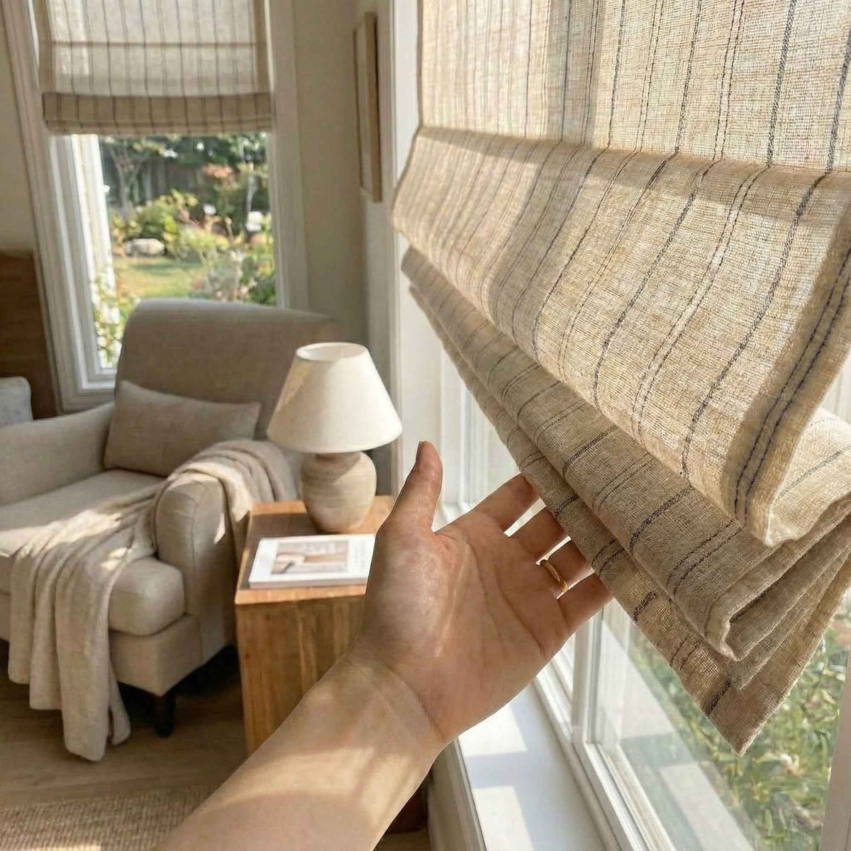 L-Bluestrip Cordless Striped Linen Blend Roman Shade - Detail View 8 | JOYDRAPE Bespoke Luxury