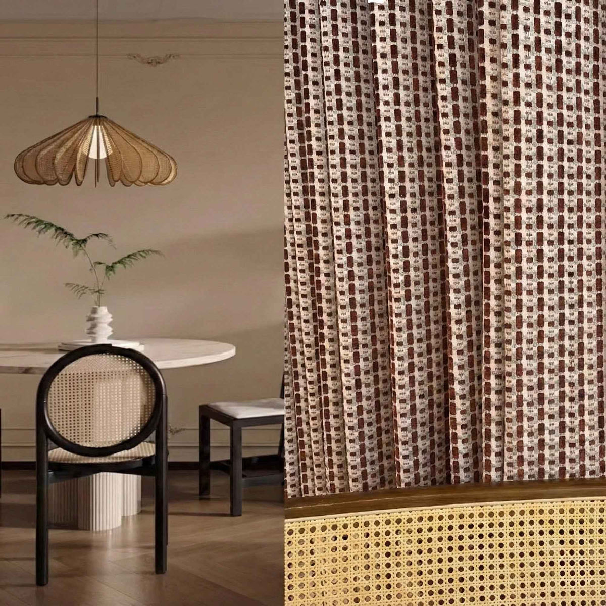 Checkered Linen Color-Blocked Waffle Chenille Curtains